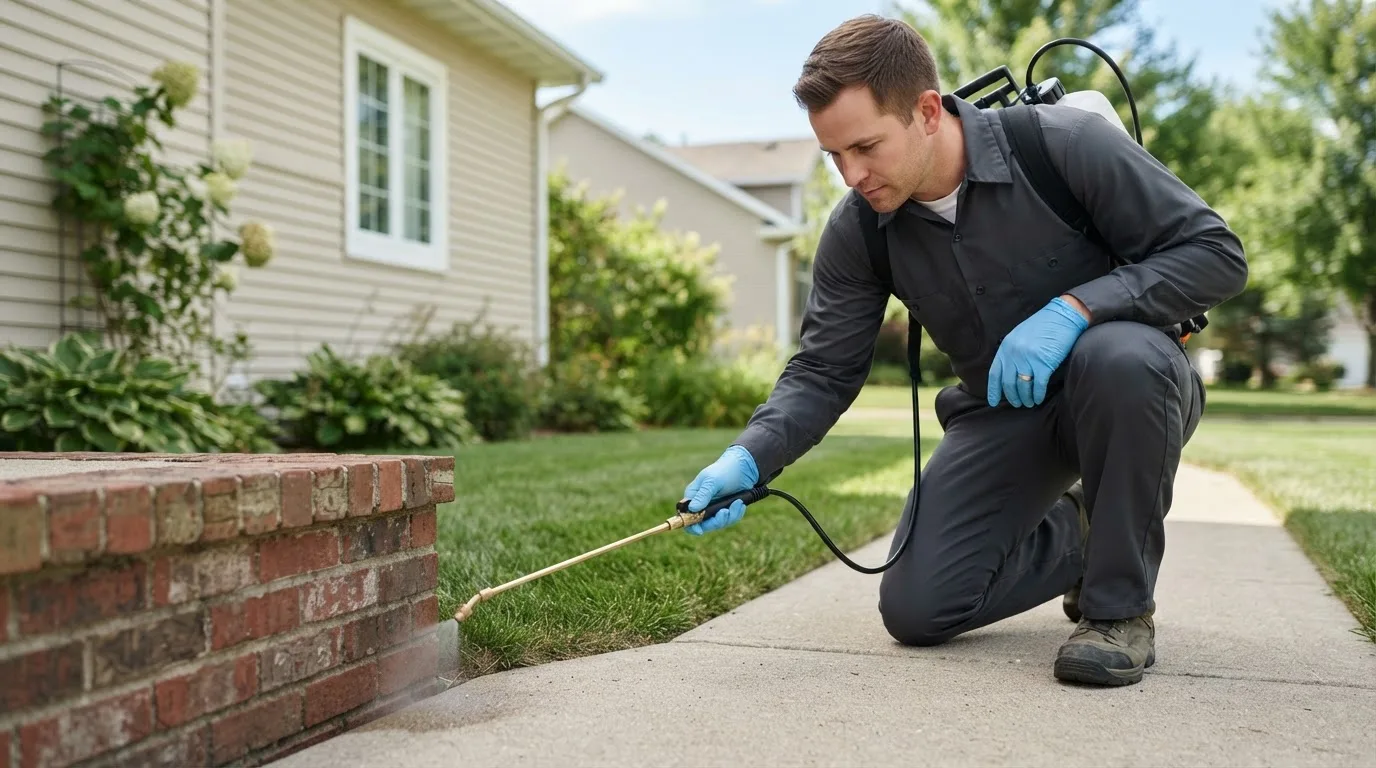 Pest control technician treating a home near Caratunk, ME